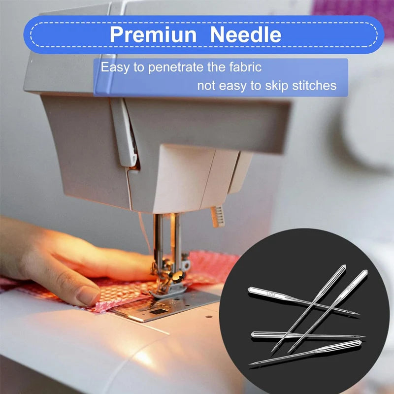 A close-up of a sewing machine with a premium needle being used to sew fabric.