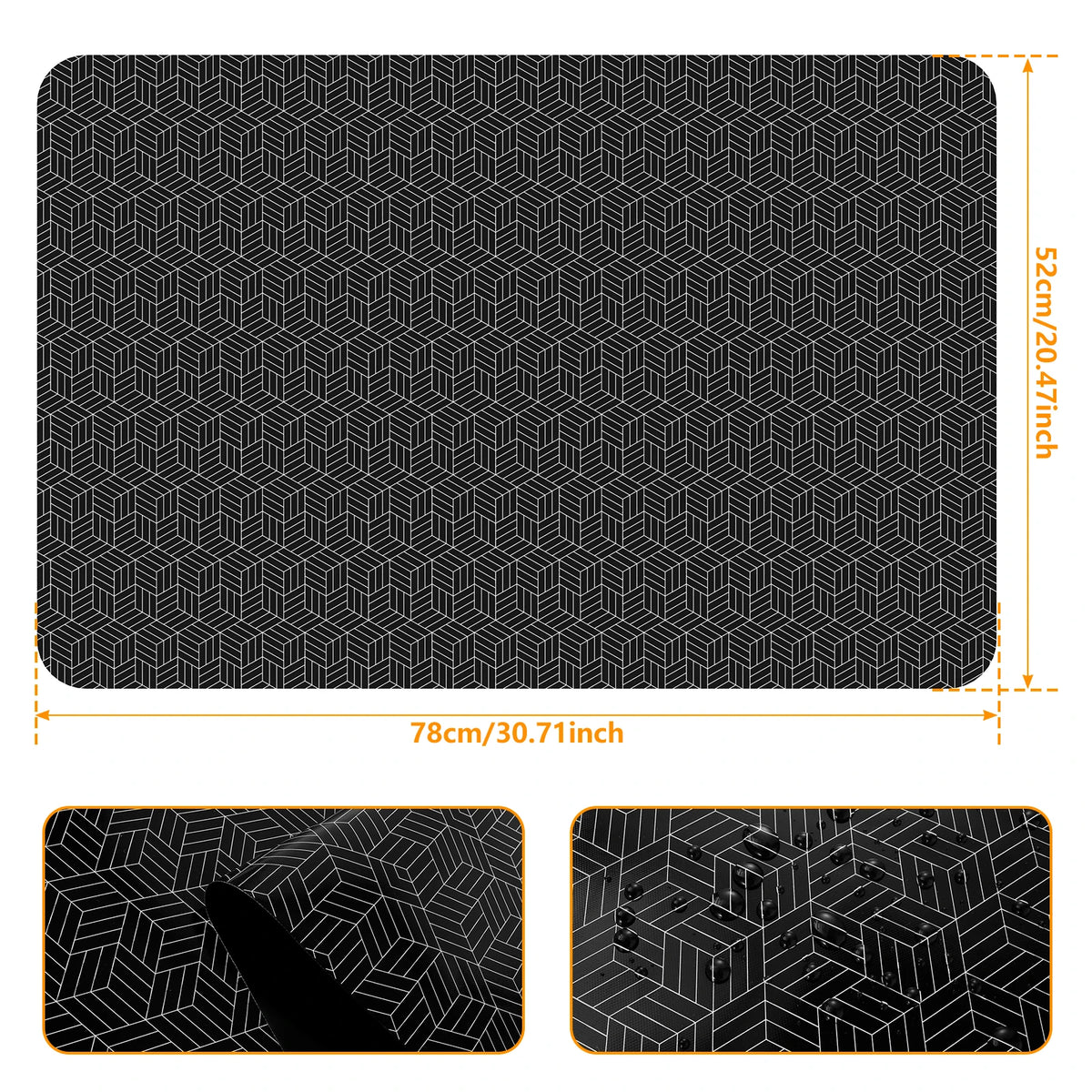 Black silicone stove top protector mat with a geometric pattern shown from the top and a close-up view.