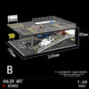 A three-dimensional assembly structure for a 1:64 scale miniature garage diorama kit featuring cars and lighting.