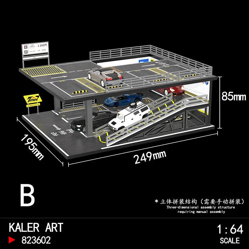 A three-dimensional assembly structure for a 1:64 scale miniature garage diorama kit featuring cars and lighting.