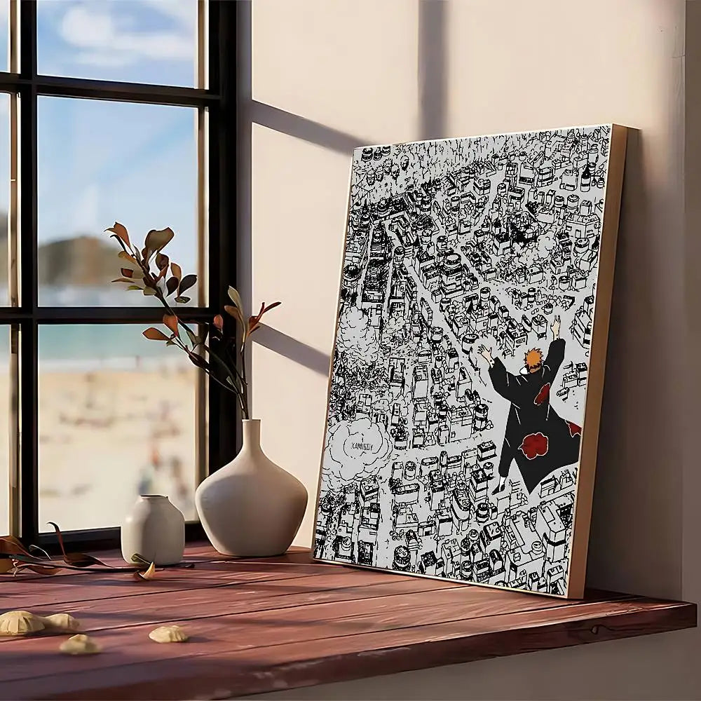 A framed black and white canvas art print depicting a busy street scene with figures in traditional Japanese attire.