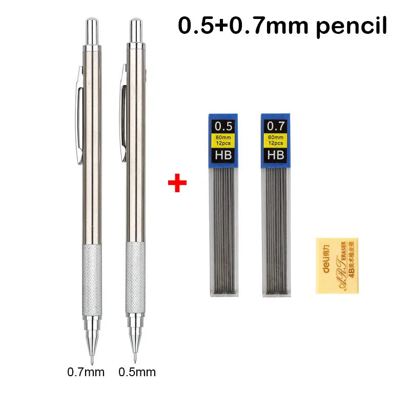 A set of 0.5 and 0.7mm mechanical pencils with HB lead, showing different sizes and tips.
