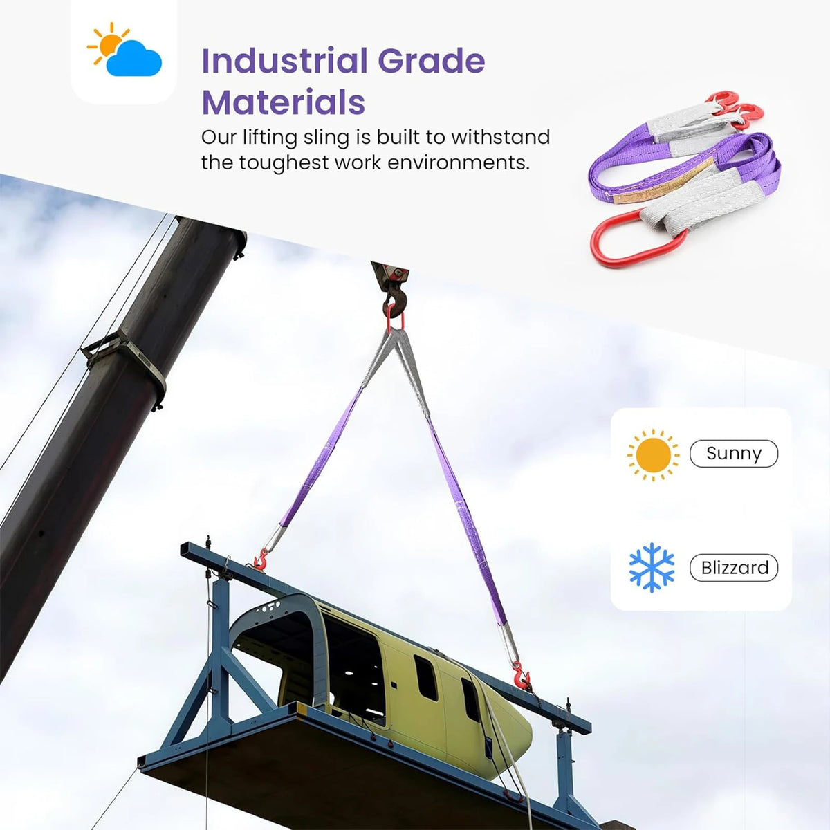 Industrial grade lifting slings with hooks being used to lift a yellow container from a crane.
