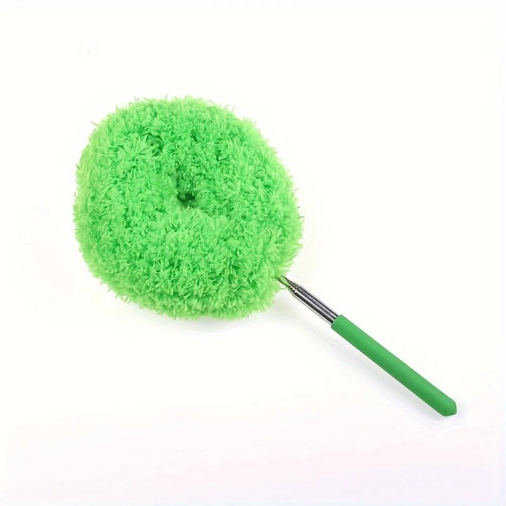A bright green extendable microfiber duster with a flexible head for cleaning.