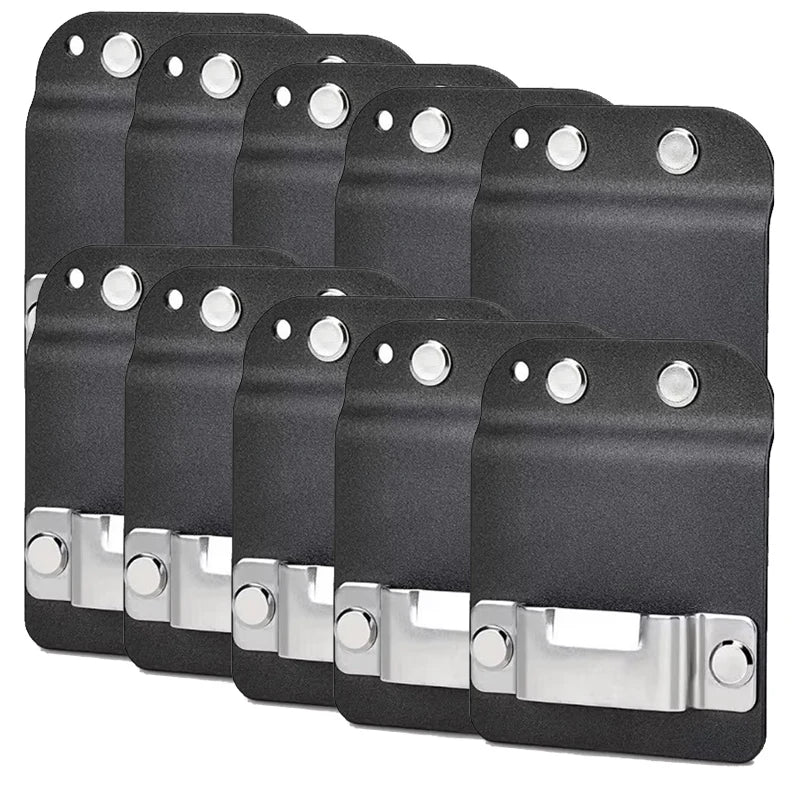 A set of black clip-on tool belt holsters designed for drills and power tools.