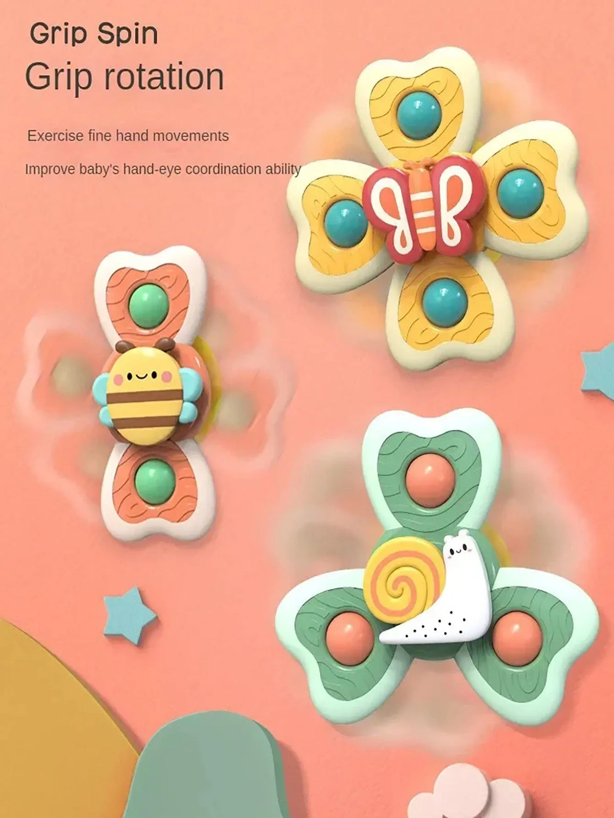 A set of grip spin toys featuring insect and animal shapes made from suction cups for fine hand movements.