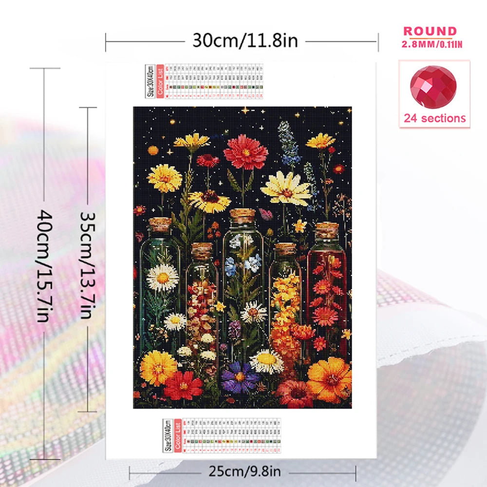 A floral diamond painting kit featuring various flowers and foliage in glass bottles on a vertical card.