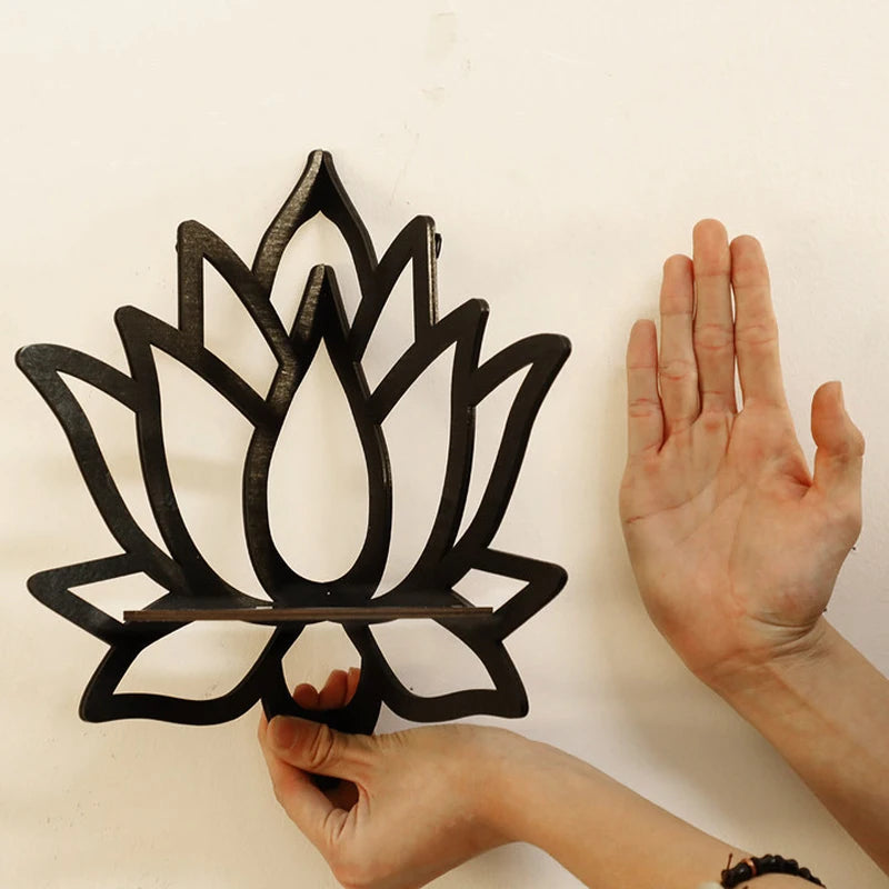 Handcrafted Lotus Wooden Wall Shelf with Cutout Design