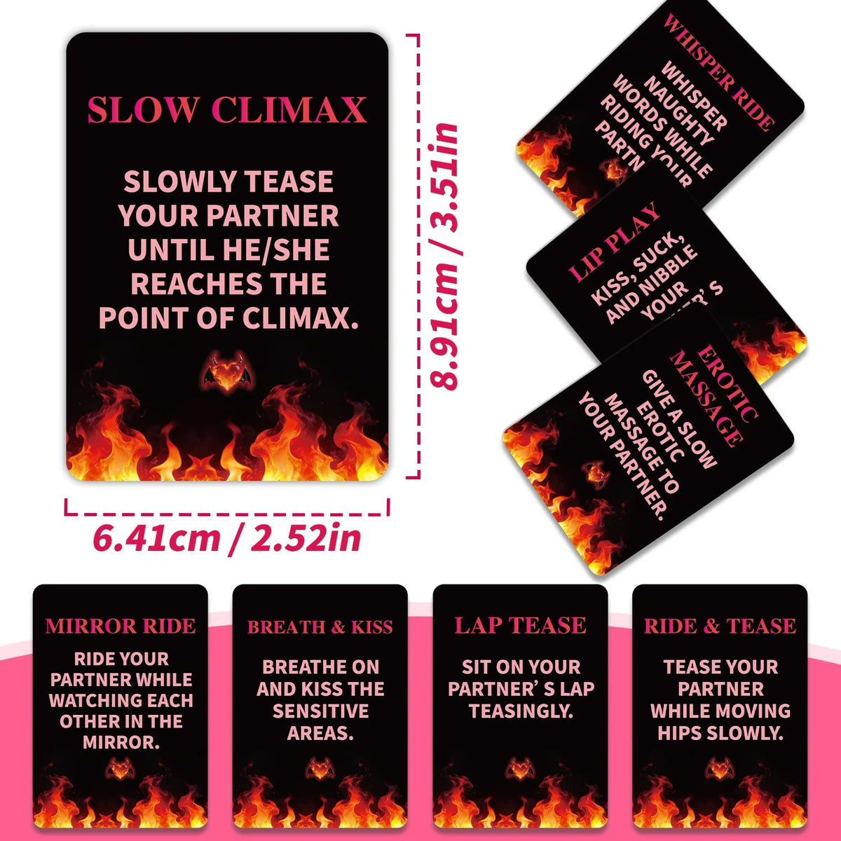 A set of intimacy and connection cards featuring various teasing and riding scenarios for couples.