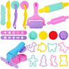 A set of animal-shaped playdough tools and molds in various colors including yellow, green, pink, and purple.