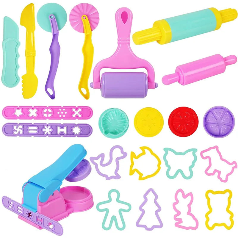A set of animal-shaped playdough tools and molds in various colors including yellow, green, pink, and purple.