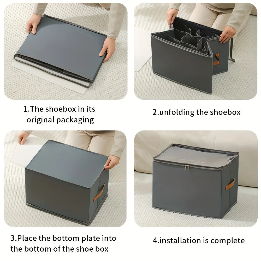 Step-by-step guide showing how to unfold and install a foldable oxford fabric shoe box organizer.