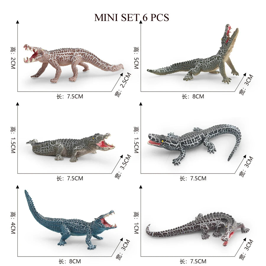 A mini set of six realistic animal figurines, including a dinosaur, a crocodile, and other wildlife creatures.