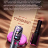 A handheld steam iron is shown next to its packaging, demonstrating wrinkle removal technology.
