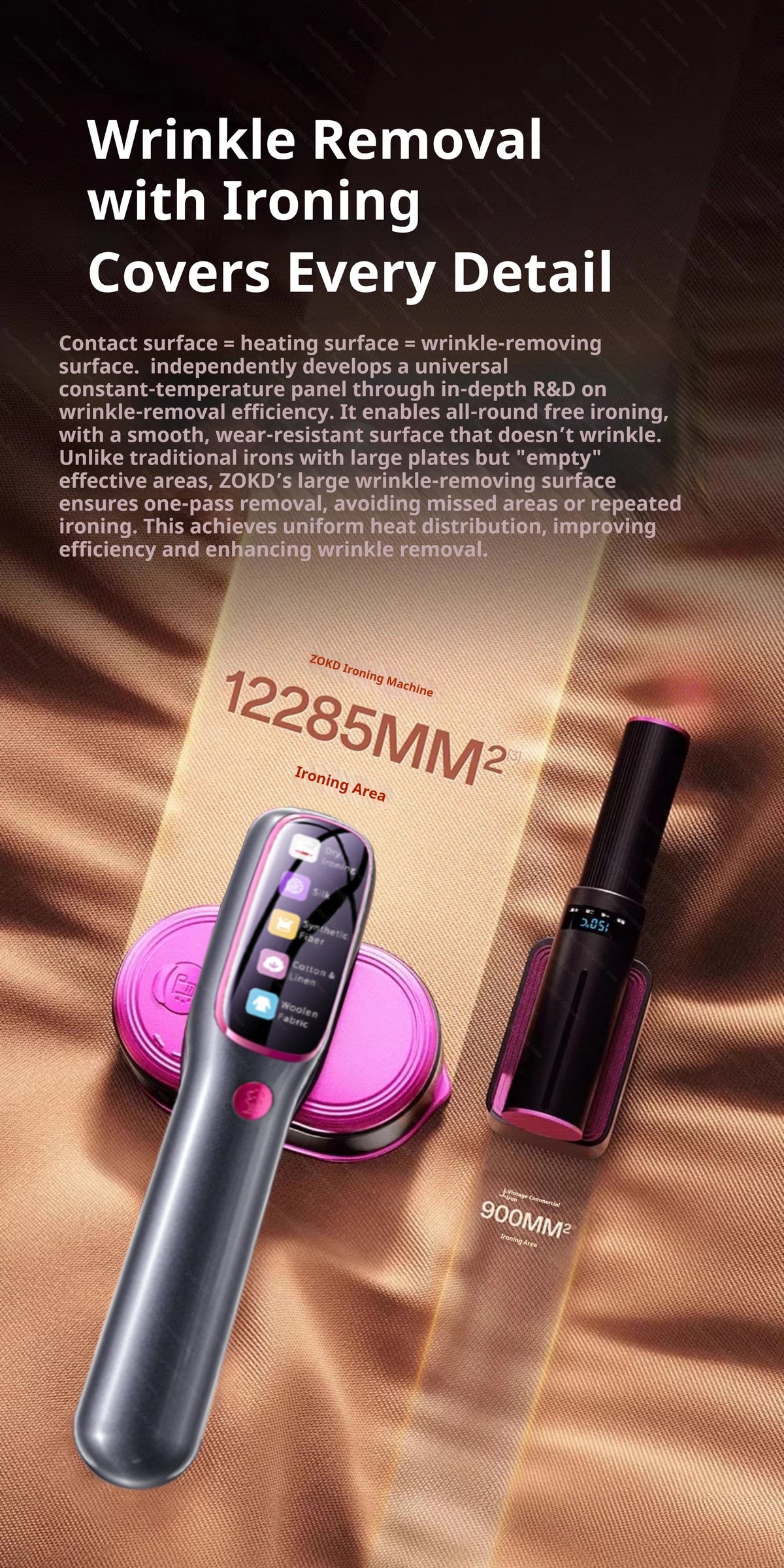 A handheld steam iron is shown next to its packaging, demonstrating wrinkle removal technology.