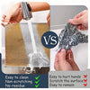 A comparison showing a scouring cloth being used to clean and a pile of abrasive material, highlighting ease of cleaning and 