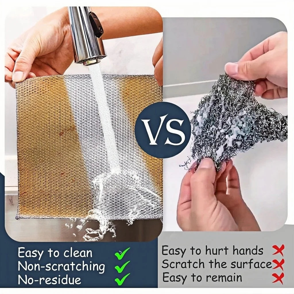 A comparison showing a scouring cloth being used to clean and a pile of abrasive material, highlighting ease of cleaning and 