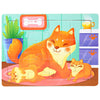 A wooden jigsaw puzzle featuring an orange fox and a yellow kitten on a pink surface.