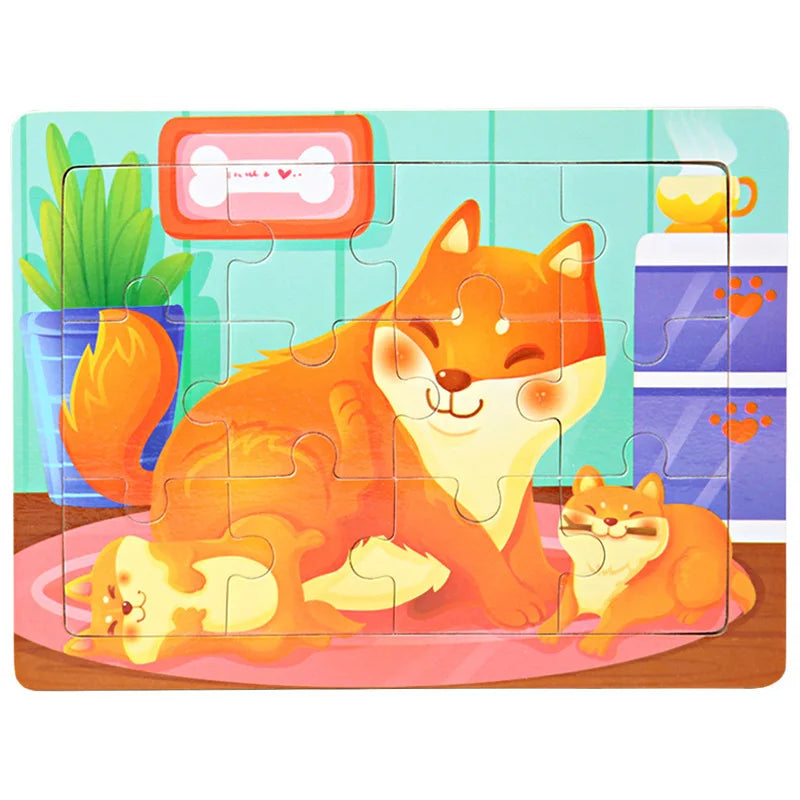 A wooden jigsaw puzzle featuring an orange fox and a yellow kitten on a pink surface.