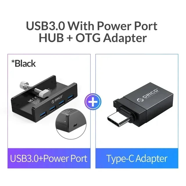 Aluminum USB 3.0 Hub with Clamp Mount for Desktops and Laptops