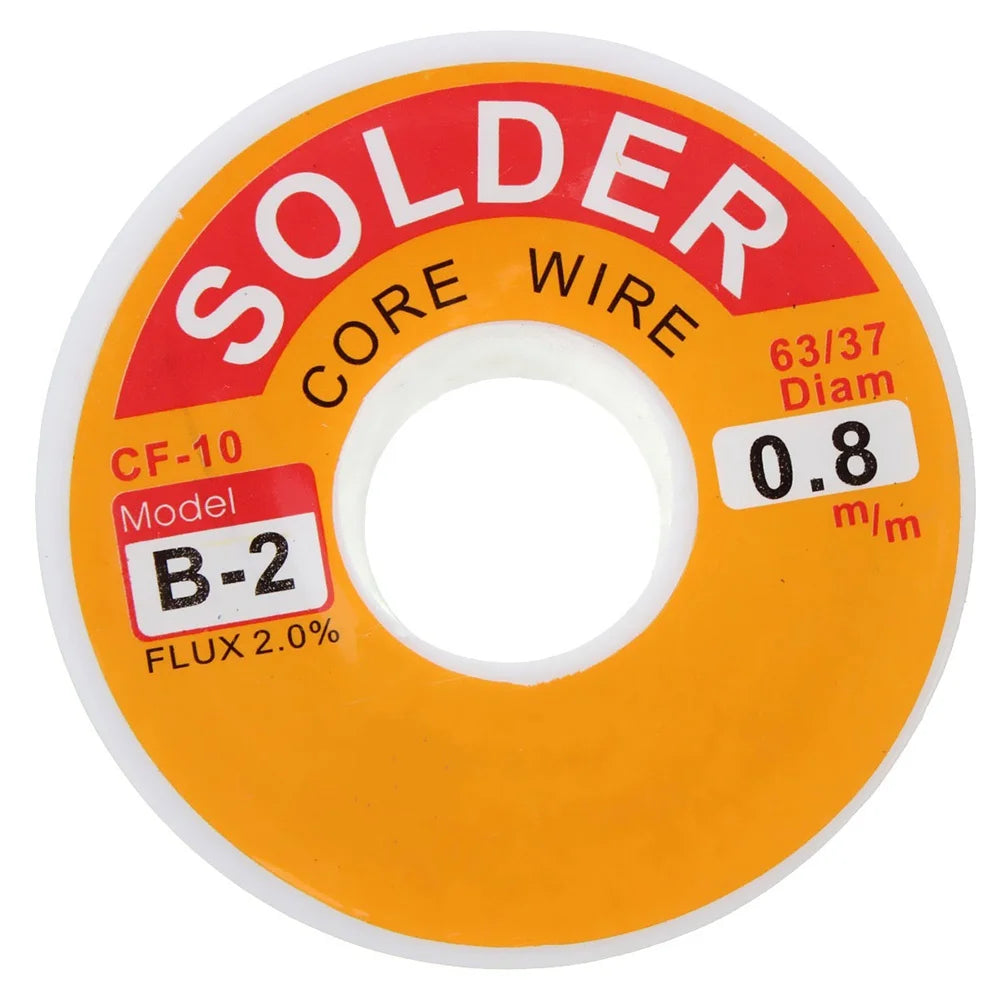 A yellow and red plastic tube labeled SOLDER CORE WIRE CF-10 Model B-2 with a diameter of 0.8 mm