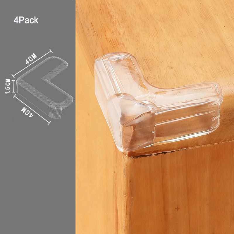 A clear silicone corner edge guard is shown resting on a wooden surface, demonstrating its shape and size.