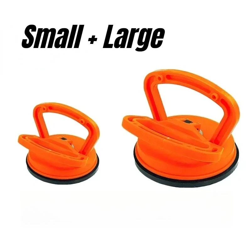 Two orange heavy-duty suction cup dent pullers, small and large versions.