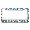 A rectangular aluminum license plate frame with a blue butterfly pattern border.
