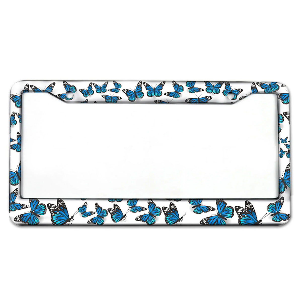 A rectangular aluminum license plate frame with a blue butterfly pattern border.