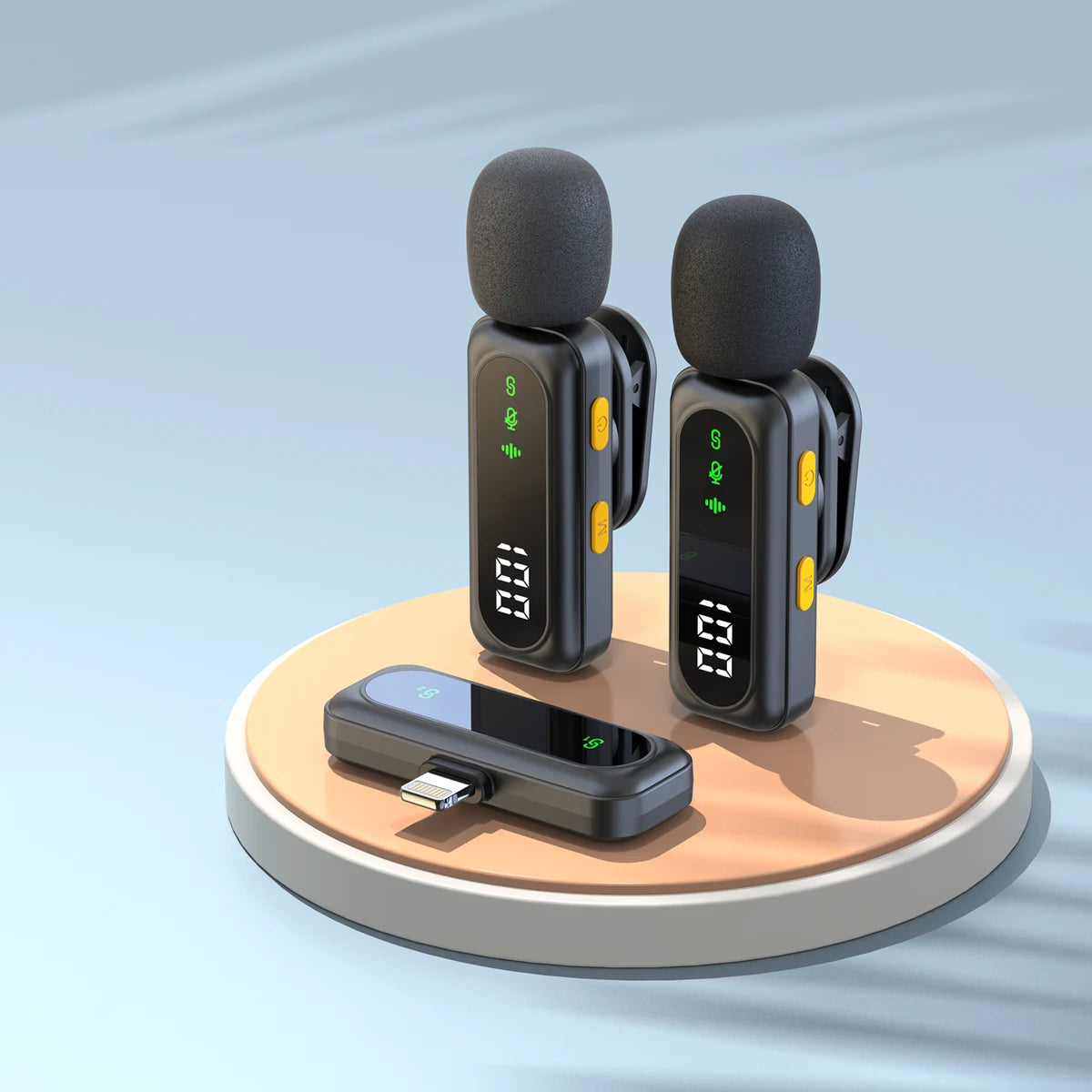 A black wireless lavalier microphone system with two transmitters displayed on a circular stand.