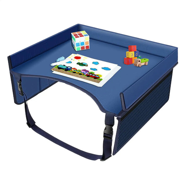 A blue foldable car seat travel tray with colorful building blocks and toy cars placed on the surface.