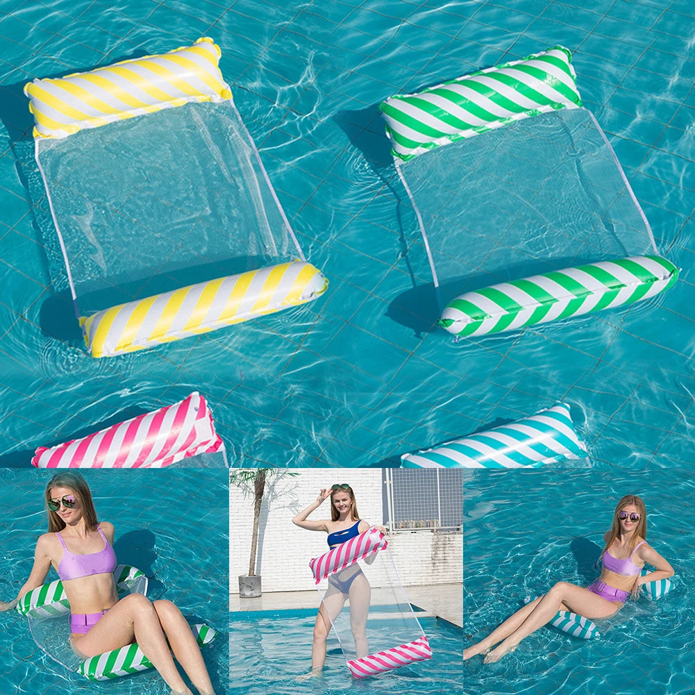 A woman relaxing in a foldable floating water hammock with striped cushions in clear blue water.