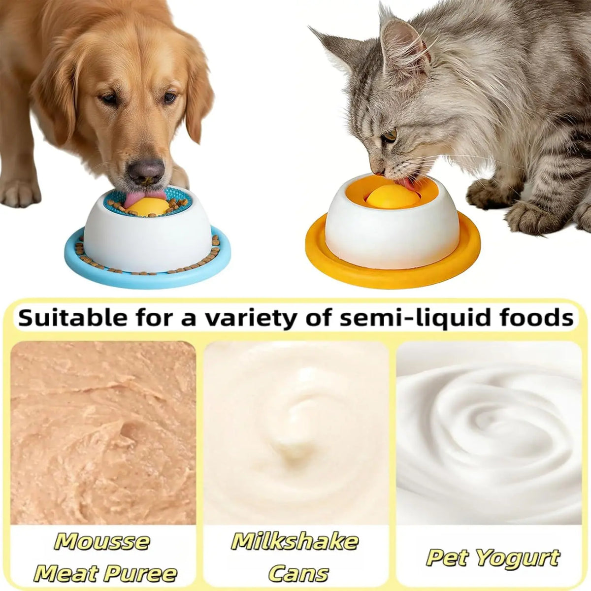 A cat and a dog interacting with silicone grooming tools for pet hair removal.