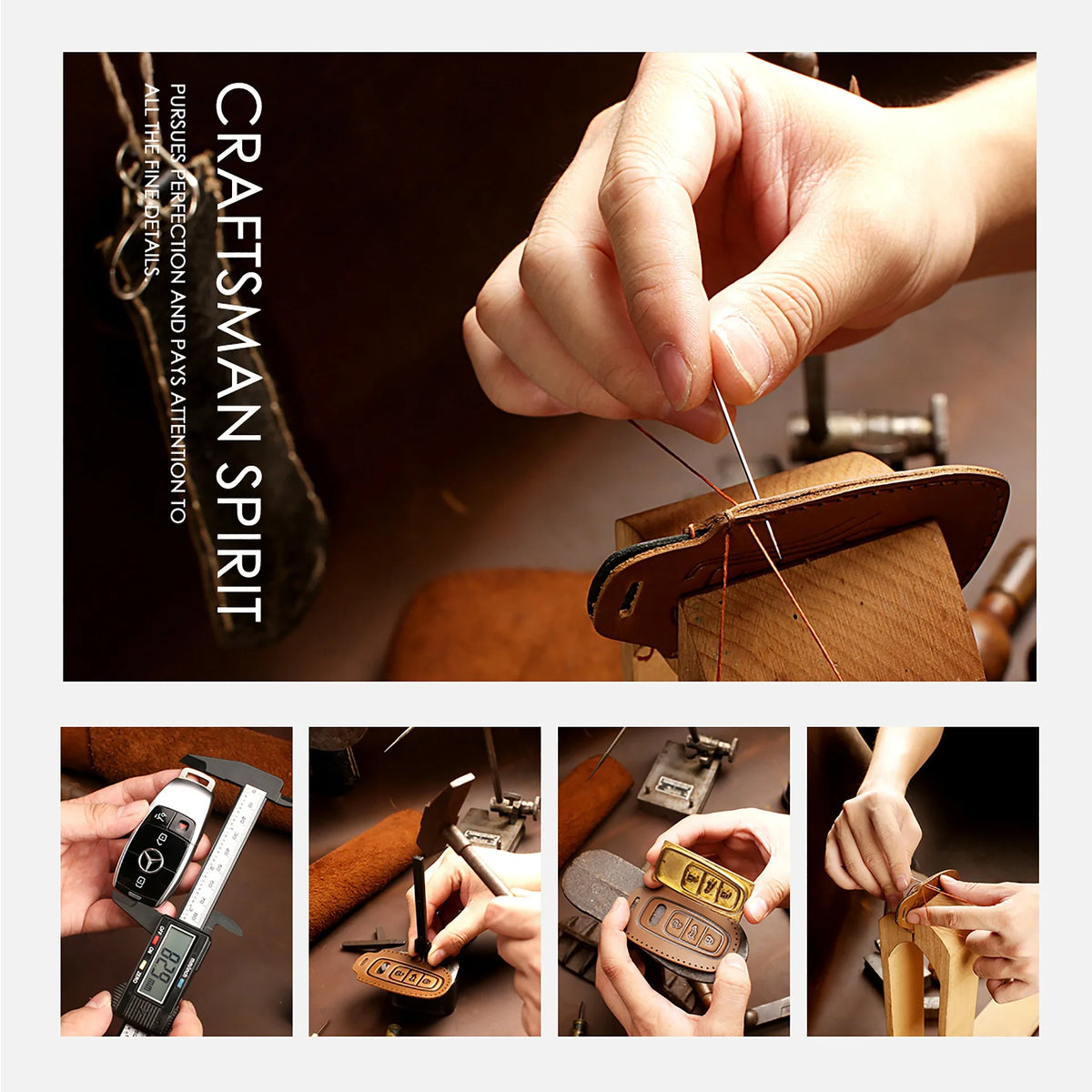 A hand is shown placing a thin wire into a brown leather key fob case for Chevrolet and GMC trucks and SUVs.
