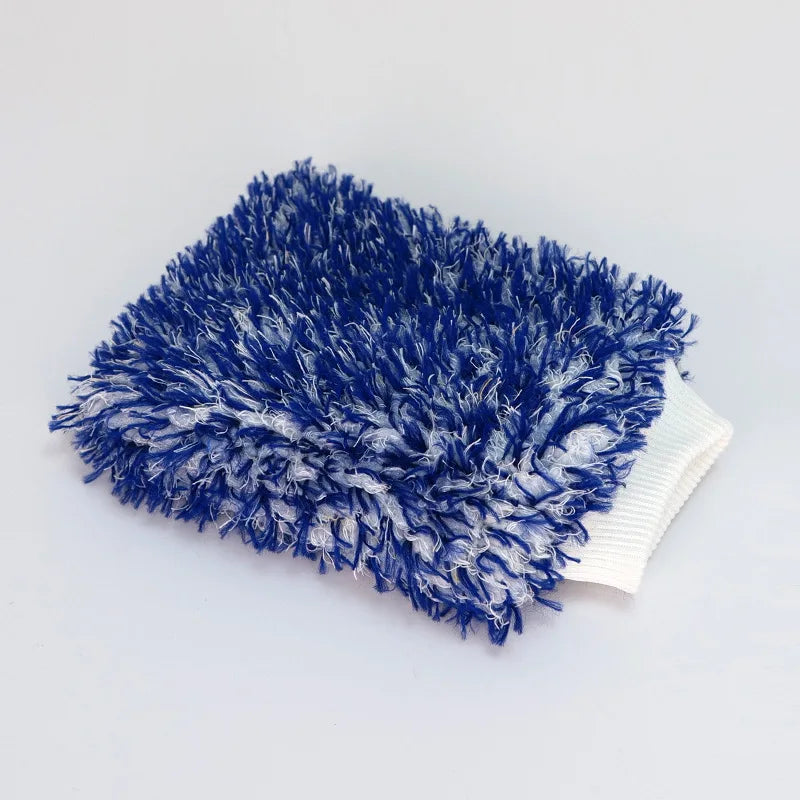 A deep blue microfiber car wash mitt with a white grip is shown on a white background.