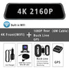4K 2160P rearview mirror dash cam with WiFi and GPS features including a 1080P rear camera and built-in WiFi