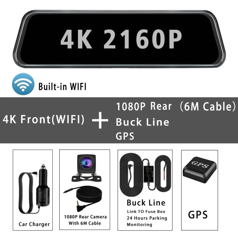 4K 2160P rearview mirror dash cam with WiFi and GPS features including a 1080P rear camera and built-in WiFi