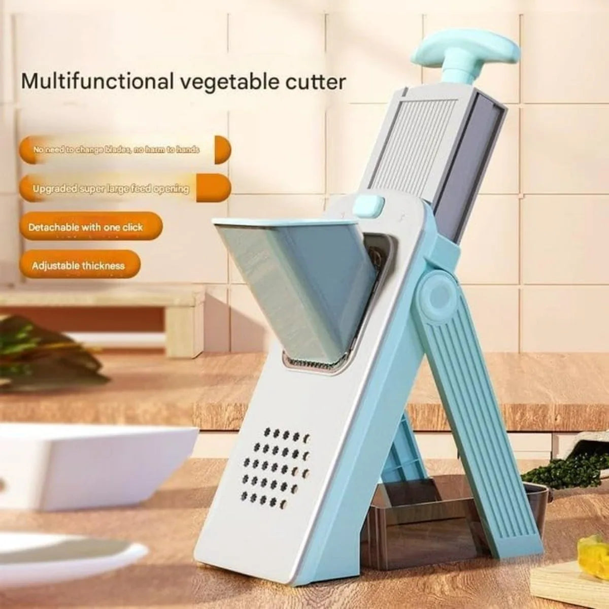 A light blue multifunctional vegetable cutter with a blade, shown on a wooden surface.