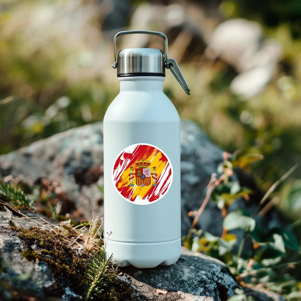 A white water bottle with a circular decal featuring the Texas shape flag design.