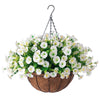 Artificial hanging morning glory flowers in white and green blooming from a brown basket