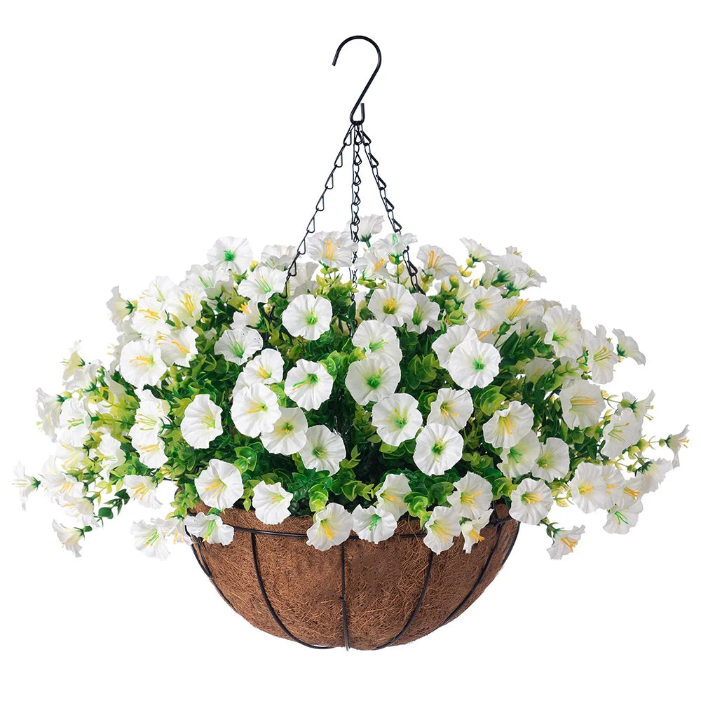 Artificial hanging morning glory flowers in white and green blooming from a brown basket