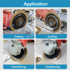 Images showing the application of a turbo diamond saw blade for cutting and chamfering materials like tile and marble.