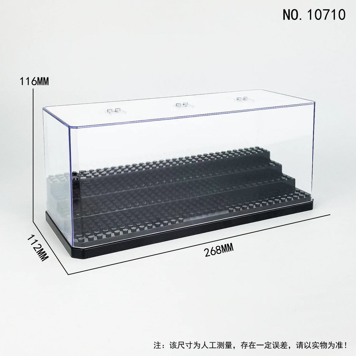 A clear acrylic display case with a black base and a slotted interior, shown from above.