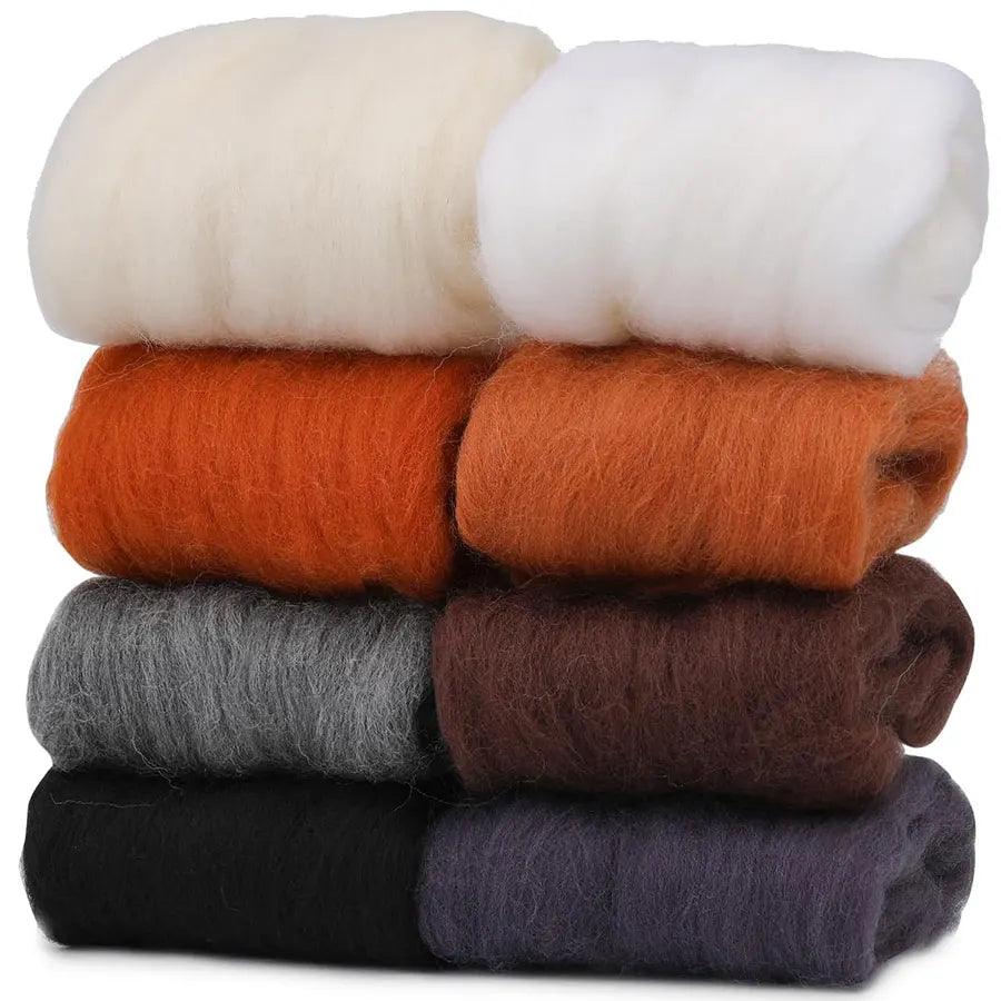 A pack of eight colored wool roving bundles for needle felting, including white, orange, and various shades of gray and brown