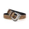 A classic brown leather belt featuring an antique silver-toned buckle.