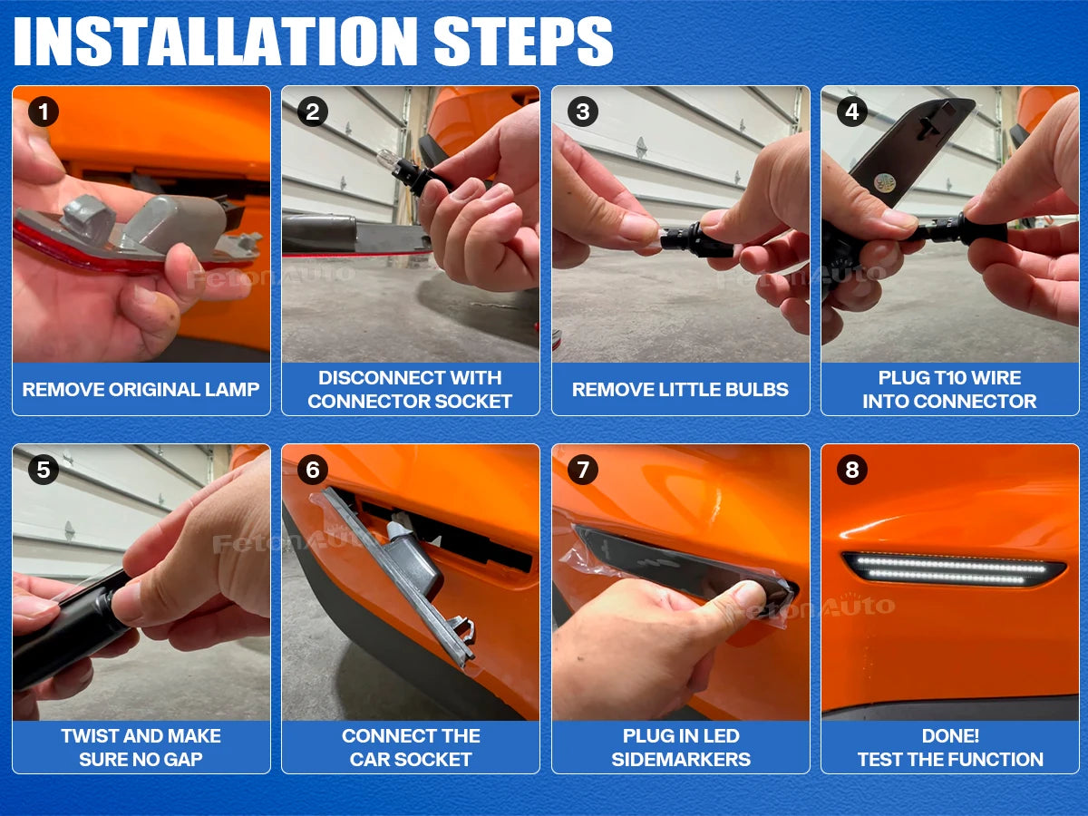 Installation steps showing how to install dynamic LED side marker lights on a car body panel.