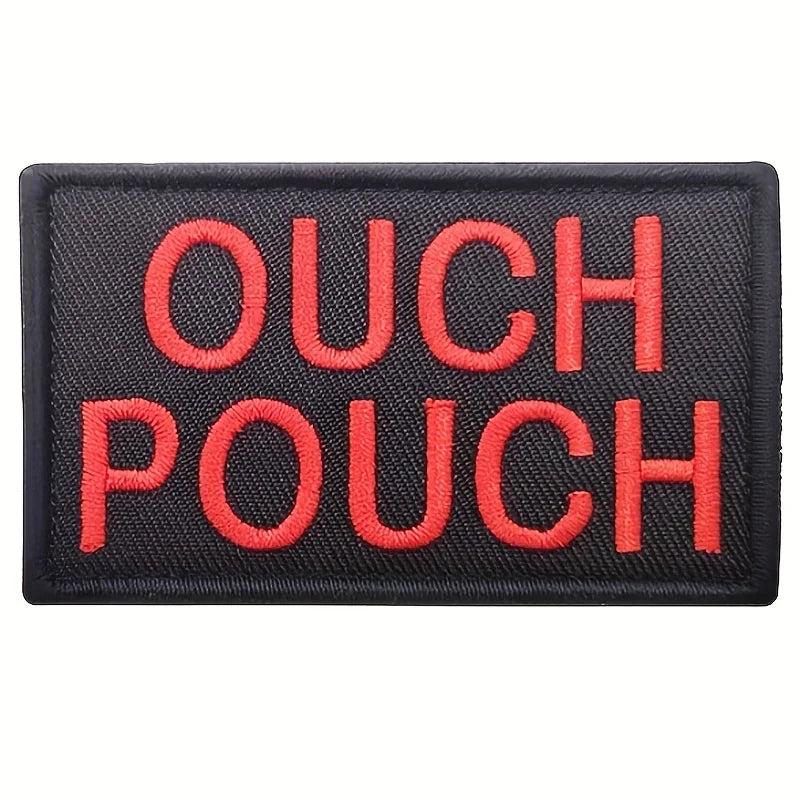 Black embroidered morale patch with red text reading OUCH POUCH