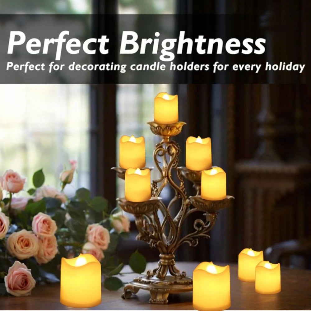 A collection of glowing yellow LED tea lights in ornate holders, perfect for holiday decoration.