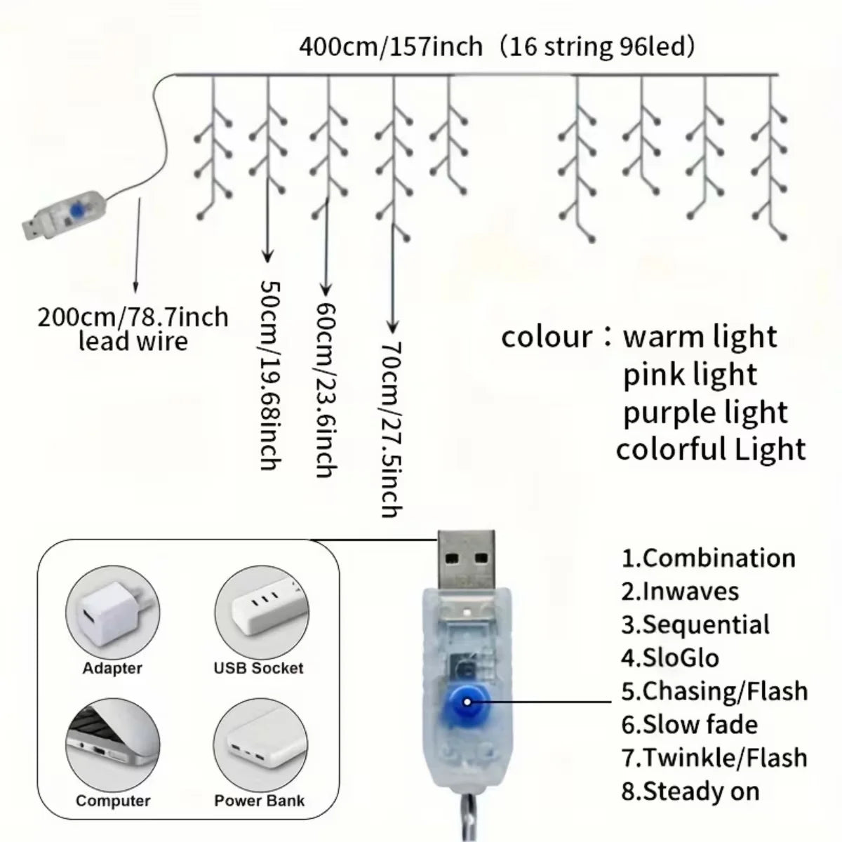 USB-powered LED butterfly string lights featuring various wire lengths and light colors