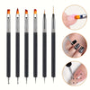 A set of professional dual-ended nail art brushes in black and orange, shown with close-ups of the tips and usage.